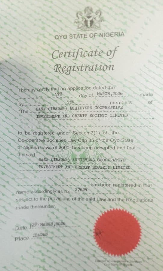 Achievers Cooperative certificate